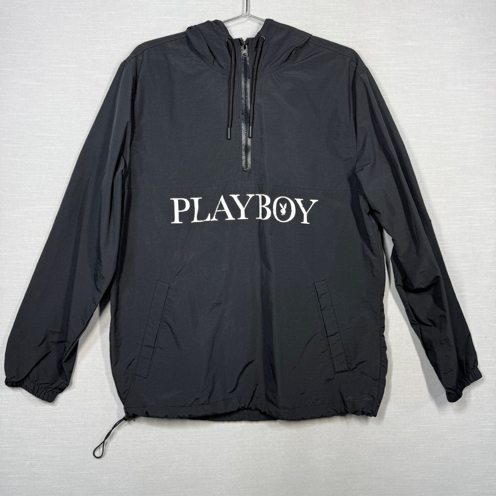 Playboy Pacsun Windbreaker Pullover Men‎ M Black Bunny Logo Zip Cracked